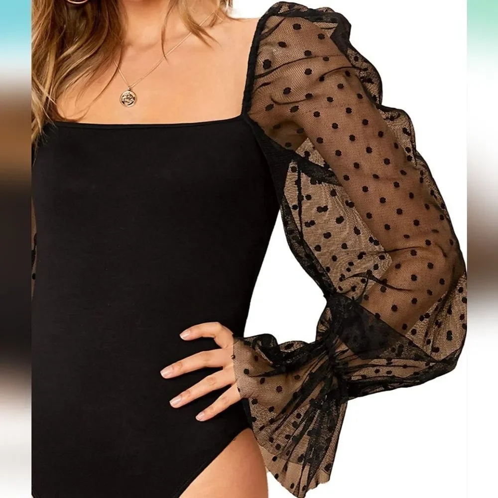 WDIRARA Women's Polka Dots Sheer Bodysuit - Picture 3 of 9